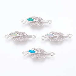 Brass Cubic Zirconia Links, with Synthetic Opal, Leaf, Platinum, Mixed Color, 22x8x2.5mm, Hole: 1.5mm(ZIRC-G144-09P)