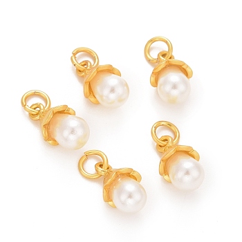 ABS Plastic Imitation Pearl Pendants, with Rack Plating Flower Brass Finding and Jump Ring, Long-Lasting Plated, Teardrop, Golden, 13x7mm, Jump Ring: 5x1mm, Inner Diameter: 3.5mm