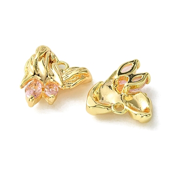 Brass Heart Charms, Real 18K Gold Plated, with Glass, Light Rose, 13x12x4mm, Hole: 1.5mm