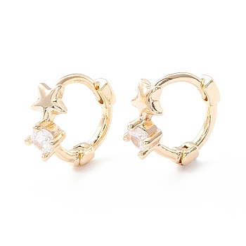Star Cubic Zirconia Huggie Hoop Earrings, Rack Plating Brass Hinged Earrings for Women, Cadmium Free & Lead Free, Real 14K Gold Plated, 11x12x5mm, Pin: 0.8mm