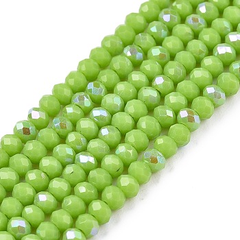 Electroplate Opaque Solid Color Glass Beads Strands, Half Rainbow Plated, Faceted, Rondelle, Yellow Green, 2.3~2.7x1.5mm, Hole: 0.4mm, about 150~155pcs/strand, 32~33cm