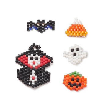 5Pcs 5 Style Handmade Loom Pattern MIYUKI Seed Beads, Witch & Bat & Ghost & Pumpkin Pendants, for Halloween, Mixed Color, 11~25x12~20x1.8mm, Hole: 0.7mm, 1Pc/style
