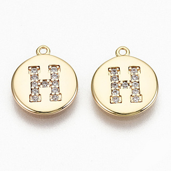 Brass Micro Pave Clear Cubic Zirconia Charms, Nickel Free, Real 18K Gold Plated, Flat Round, Letter.H, 11.5x10x1mm, Hole: 0.9mm