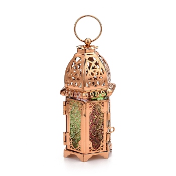 Retro Golden Plated Iron Ramadan Candle Lantern, Portable Glass Decorative Hanging Lamp Candle Holder for Home Decoration, Colorful, 7x15.5cm