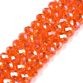 Electroplate Glass Beads Strands, AB Color Plated, Faceted, Rondelle, Orange Red, 8x6mm, Hole: 1mm, about 64~65pcs/strand, 15.75~16.14 inch(40~41cm)