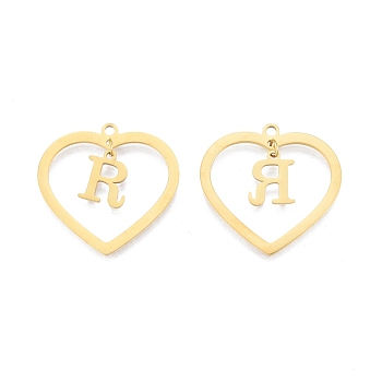 201 Stainless Steel Pendants, Hollow, Heart with Letter A~Z, Real 18K Gold Plated, Letter.R, 29x29.5x1mm, Hole: 2mm, A~Z: 12x8~10.5x1mm