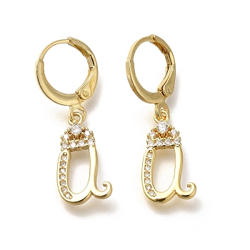 Brass Clear Cubic Zirconia Hoop Earrings, Real 18K Gold Plated, Letter U, 30mm, pendants: 16.5x9x2mm