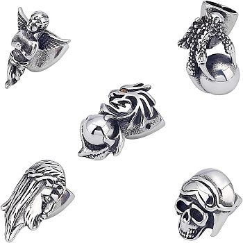 Unicraftale 5Pcs 5 Style 304 Stainless Steel Hook Clasps, For Leather Cord Bracelets Making, Skull & Claw with Ball & Dragon with Ball & Man & Prayer Angel, Antique Silver, 1pc/style