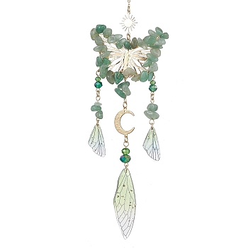 Natural Green Aventurine and Resin Pendant Decorations, with Alloy Findings, Butterfly, Medium Aquamarine, 275mm