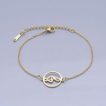 201 Stainless Steel Link Bracelets, with Lobster Claw Clasps, Flat Round with Treble Clef, Golden, 6-3/4 inch(17.1cm)