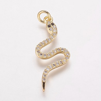 Brass Cubic Zirconia Pendants, Snake, Golden, 29.5x12x2mm, Hole: 3mm
