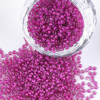 12/0 Grade A Round Glass Seed Beads, Transparent Inside Colours, Camellia, 2x1.5mm, Hole: 0.7mm, about 48500pcs/pound