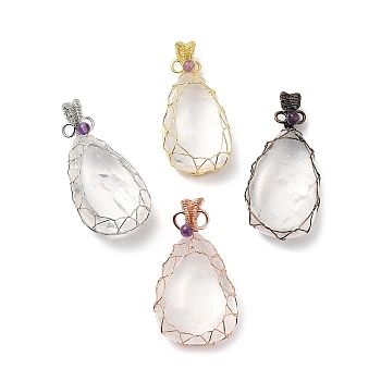 Natural Quartz Crystal Pendants, Rock Crystal Pendants, Rack Plating Copper Wire Wrapped Drop Charms, Cadmium Free & Lead Free, Mixed Color, 46.5~54x19.5~29x12~16mm, Hole: 8.5x4mm
