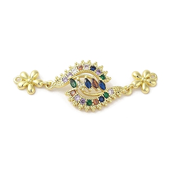 Rack Plating Brass Pave Colorful Cubic Zirconia Flower Connector Charms, Long-Lasting Plated, Cadmium Free & Lead Free, Real 18K Gold Plated, 52x18x4mm, Hole: 1.4mm