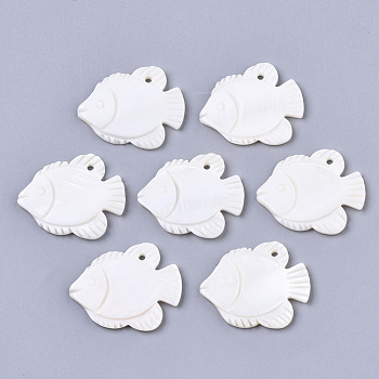 Natural Freshwater Shell Pendants, Carved, Fish, White, 23x27~28x3mm, Hole: 1.6mm