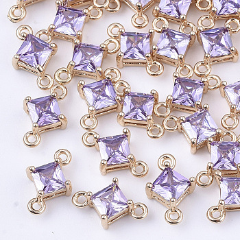 Transparent Glass Links connectors, with Brass Findings, Faceted, Rhombus, Light Gold, Medium Purple, 11x7x4mm, Hole: 1mm, Side Length: 5mm