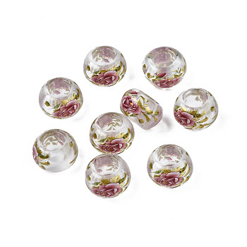 Flower Printed Transparent Acrylic Rondelle Beads, Large Hole Beads, Clear, 15x9mm, Hole: 7mm