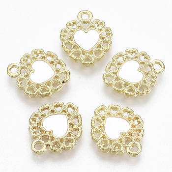 Golden Plated Alloy Enamel Pendants, Heart, White, 16x13x2mm, Hole: 1.6mm