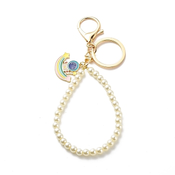 Alloy Enamel Spaceman Pendant Keychains, Glass-Based Imitation Pearl Keychains, with Alloy & Iron Keychain Clasp Findings, Colorful, 16cm, pendant: 25x29.5x1.5mm