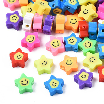 Handmade Polymer Clay Beads, Star with Smiling Face, Mixed Color, 7.5~9x8.5~9x3.5~4mm, Hole: 1.6mm