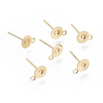 304 Stainless Steel Stud Earring Findings, Flat Pad Earring Post, Golden, 6mm, Hole: 1.5mm, Pin: 0.8mm