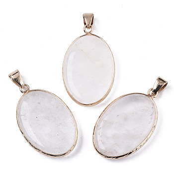 Natural Quartz Crystal Pendants, with Light Gold Plated Brass Edge and Snap on Bail, Oval, 35~36x21.5x6.5mm, Hole: 6x11mm
