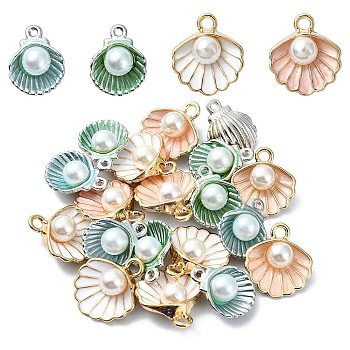 20Pcs 4 Styles Alloy Pendants, with Enamel and Plastic Imitation Pearl Beads, Shell, Mixed Color, 14.5~17x11.5~15x7mm, Hole: 1.2~2mm, 5pcs/style