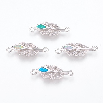 Brass Cubic Zirconia Links, with Synthetic Opal, Leaf, Platinum, Mixed Color, 22x8x2.5mm, Hole: 1.5mm
