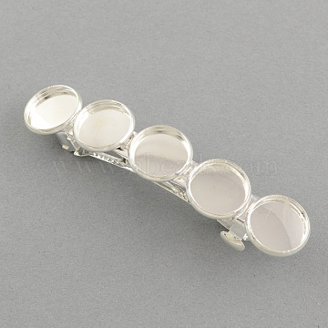 Iron Hair Barrette, French Hair Clips Findings, with Brass Tray, Silver Color Plated, 71x14mm, tray: 12mm(X-MAK-S011-FN002S)
