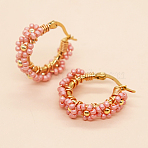 Bohemian Glass Braided Seed Beads Flower Hoop Earrings for Women, with Brass Wire and 314 Stainless Steel Hoop Earrings, Golden, Light Coral, 25x25mm(CY3369-4)