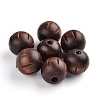Natural Wood Beads, Macrame Beads Large Hole, Lead Free, Dyed, Round With Carved Pattern, Coffee, 25mm, Hole: 6~7mm(TB099Y)