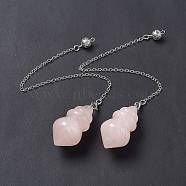 Natural Rose Quartz Pointed Dowsing Pendulums, with Rack Plating Brass Findings, Cadmium Free & Lead Free, Gourd, 233x2.5mm, Hole: 1.2~1.8mm(AJEW-B020-04P-07)