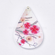 Printed Wooden Big Pendants, Dyed, Teardrop with Flower Pattern, Colorful, 59x36x2.5mm, Hole: 1.5mm(WOOD-S051-06I)