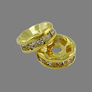 Brass Rhinestone Spacer Beads, Grade A, Straight Flange, Golden, Rondelle, Crystal, 6x3mm, Hole: 1mm(X-RB-A014-Z6mm-01G)
