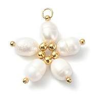 Natural Freshwater Pearl Pendants, Flower Charms with Golden Tone Brass Beads and 304 Stainless Steel Jump Rings, Seashell Color, 22x24.5x6mm, Hole: 2.8mm(PALLOY-TA00044)