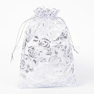 Rose Printed Organza Bags, Gift Bags, Rectangle, White, 18x13cm(X-OP-R021-13x18-03)