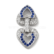 Brass Micro Pave Cubic Zirconia Fold Over Clasps, Heart, Real Platinum Plated, Medium Blue, 29x14x4.5mm(KK-H455-53P-03)