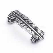 Retro 304 Stainless Steel Slide Charms/Slider Beads, for Leather Cord Bracelets Making, Feather Shape, Antique Silver, 32.5x11x8mm, Hole: 4x8mm(STAS-L243-009AS)