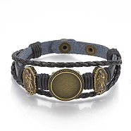 Imitation Leather Bracelet Making, with Alloy Cabochon Setting and Waxed Cords, Virgin Mary, Antique Bronze, Black, Tray: 18mm, 8-3/8 inch(213mm)(MAK-R024-02)