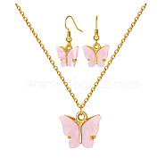 Alloy Acrylic Earrings & Necklaces Jewelry Sets, with Brass Cable Chains, Earring Hooks and 304 Stainless Steel Lobster Claw Clasps, Butterfly, Pink, Necklaces: 17.71 inch(45cm), Earrings: 29mm, Pin: 0.8mm(sgSJEW-PH01380-03)