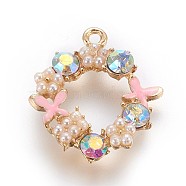 Zinc Alloy Pendants, with Enamel, Pearl and Glass Beads, Wreath, Light Gold, Pink, 20x17.5x4.5mm, Hole: 1mm(X-ENAM-P163-11)