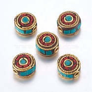 Handmade Indonesia Beads, with Brass Findings, Nickel Free, Flat Round, Raw(Unplated), Red, 12x6~7.5mm, Hole: 2mm(IPDL-F023-12B)