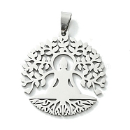201 Stainless Steel Pendants, Tree of Life with Yoga Charm, Stainless Steel Color, 37.5x34.5x1.5mm, Hole: 8x4mm(STAS-U003-21C-P)