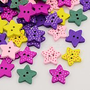 Wooded Buttons, Dyed, 2-Hole, Star with Polka Dot, Mixed Color, 15x16x3mm, Hole: 2mm(X-BUTT-N002-19)