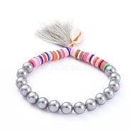 Tassels Charm Stretch Bracelets, with Handmade Polymer Clay Heishi Beads, Shell Pearl Beads and Natural Cowrie Shell Beads, Gray, 2-1/4 inch(5.7cm)(BJEW-JB05080-05)
