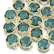 Glass Charms, with Brass Findings, Faceted, Flat Round with Heart, Golden, Teal, 14x11.5x4.5mm, Hole: 1.5mm(GLAA-S179-10C)
