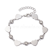 Stainless Steel Heart Link Chain Bracelet with Cubic Zirconia, Stainless Steel Color, 7-5/8 inch(19.5cm)(BJEW-JB10170)