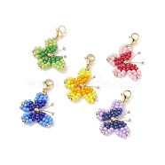 Butterfly Wire Wrapped Rocailles Pendant Decorations, 304 Stainless Steel Lobster Claw Clasps Charms, Mixed Color, 4cm(HJEW-JM00789)