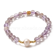 Natural Purple Lodolite Quartz Bead Bracelets, with Sterling Silver Beads and Pearl Beads, Real 18K Gold Plated, Inner Diameter: 5.5cm(BJEW-E098-17G)
