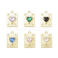 Rack Plating Alloy Glass Pendants, Golden, Rectangle with Heart Charms, Mixed Color, 19.5x12.5x5mm, Hole: 1.8mm(PALLOY-P291-06G)